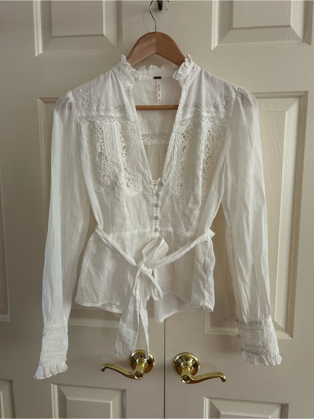 Free People White Lace-Trimmed Tie-Waist Women's Blouse